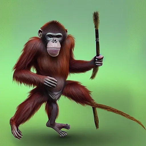 Image similar to “tall Goblin orangutan hybrid with mange holding a spear, jungle background”