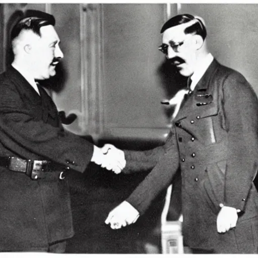 Image similar to vintage photograph of sam hyde and adolf hitler shaking hands, very detailed,