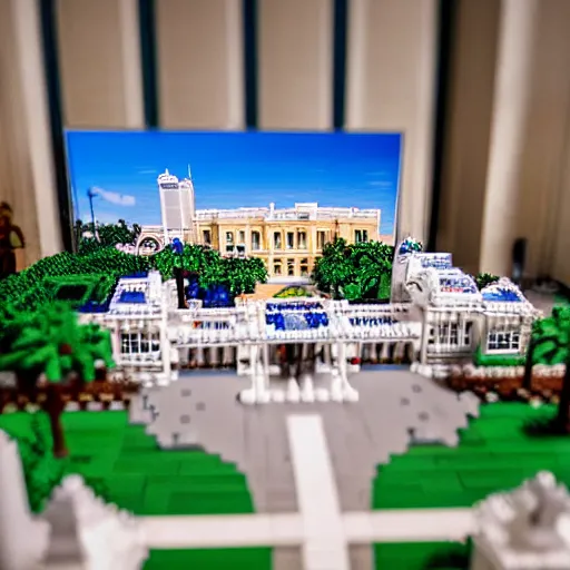 Image similar to mar - a - lago lego set, fbi agents on the lawn, raid, tilt shift photography