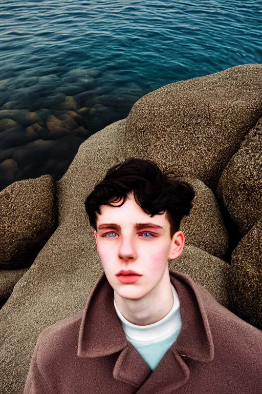 Image similar to high quality pastel coloured film mid angle docu photograph of a beautiful young 2 0 year old male, soft features, short black hair, wearing coat, falling into in an icelandic black rock pool environment. atmospheric. three point light. photographic. art directed. ( pastel colours ). volumetric light. clearcoat. waves glitch. 8 k. filmic.