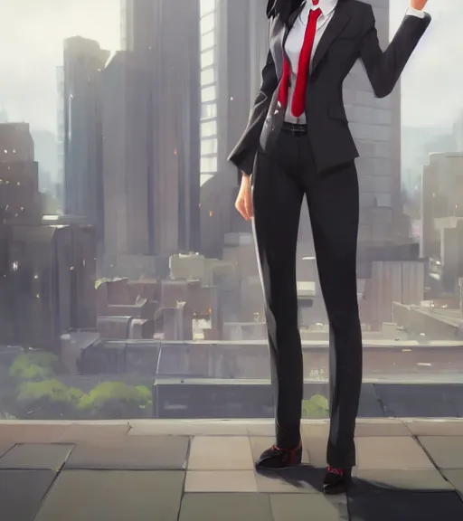 Prompt: a girl in a business suit, close up, sharp focus, red necktie, grey hair, happy expression, full body shot, pixiv, city background, digital painting, by tran ross and jordan grimmer and greg rutkowski, anime art, artstation, hd, smooth,