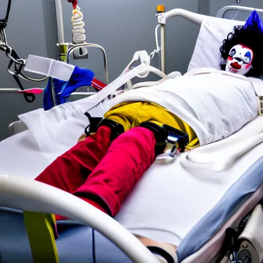 Image similar to crazy clown strapped in hospital bed with wrist restraints on, restraints have fabric straps attached to hospital bed, photograph, 8 k