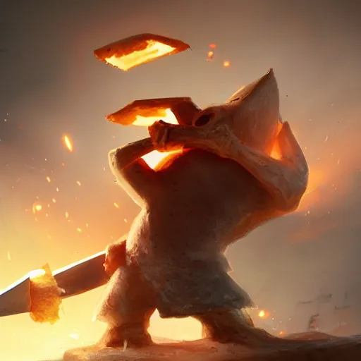 Image similar to battle toast, a slice of toasted bread with a face, arms and legs, holding a sword, cute, volumetric lighting, dynamic composition, fantasy, hyper detailed, ultra realistic, sharp focus, octane render, concept art by ruan jia and heng z and artem