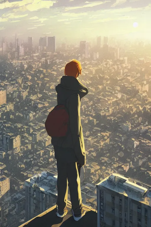 Prompt: depressed boy in black adidas sportswear looking atop of a urban plateau filled with detailed soviet apartment buildings, suburbs, golden hour, dreamy, beautiful clouds, birds, ultra detailed beautiful lighting, volumetric light rays, wallpaper, beautiful artwork by Makoto Shinkai