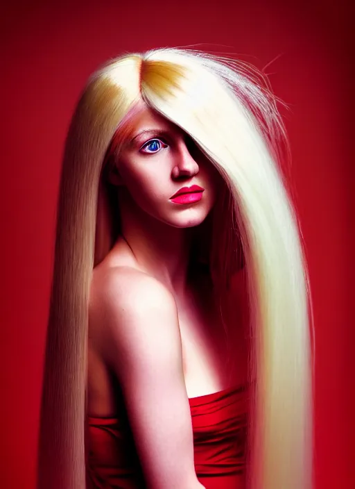 Image similar to kodak color plus 2 0 0 photo portrait of a beautiful woman with long blond hair dressed in long white, fine art photography light painting in style of paolo roversi, professional studio lighting, dark red background, hyper realistic photography, fashion magazine style