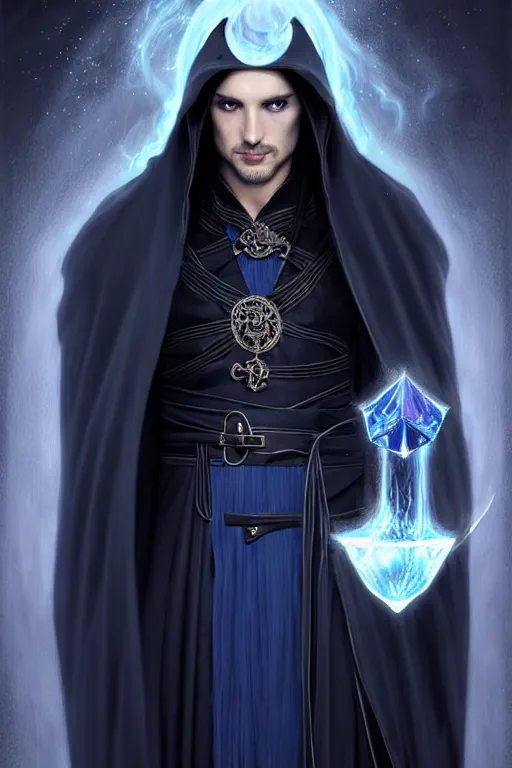 Prompt: handsome male mage opening a portal, long black hair blue eyes wearing cloth mantle gothic navy cloak with leather details, crystal town, fantasy character portrait, ultrarealistic, intricate details, elegant, cinematic lighting, highly detailed, artstation, cgsociety, sharp focus, beautiful digital painting by artgerm, gerald brom, wlop, alphonse mucha