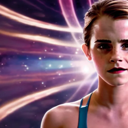 Image similar to emma watson as yoga instructor in space, cinematic shot, magical colors and atmosphere, perfect composition, coherent, super realistic, professional 8 k