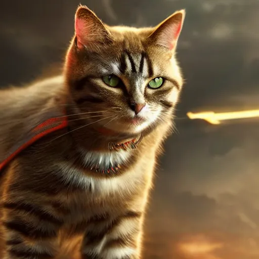 Image similar to A cat in the costume of Thor the Marvel superhero, ultra realistic, 8K, very detailed, concept art,