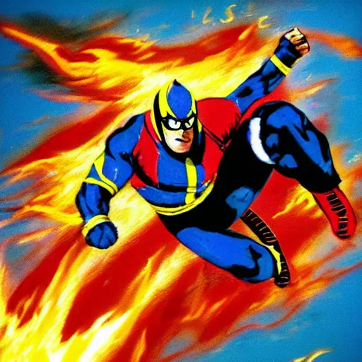 Prompt: captain falcon leaping out of the blue falcon, fire, epic, realistic by michael bay