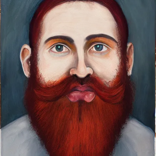 Image similar to Impressive portrait of a Catholic priest with scarlet hair, a beard, and brilliant silver eyes. Oil on canvas.