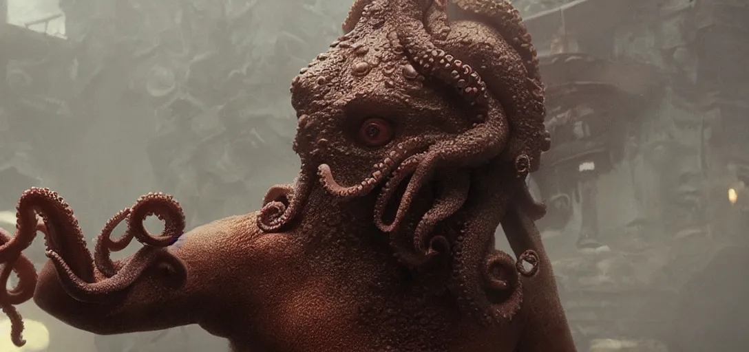 Prompt: an octopus in the shape of a gnome head, foggy, cinematic shot, photo still from movie by denis villeneuve, wayne barlowe