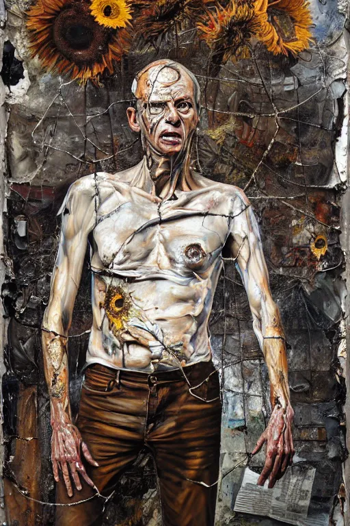 Prompt: a full length portrait of a very ordinary young man with a troubled expression, Anselm Kiefer and Lucian Freud and Jenny Saville, oil painting, rust, Scaffolding, rusted metal and sunflowers, iron cladding, decay, mixed media, textured, anatomically correct, beautiful perfect face, visible brushstrokes, sharp focus, Highly Detailed, photographic emulsion cracked and peeling, Cinematic Lighting, 8k, HD