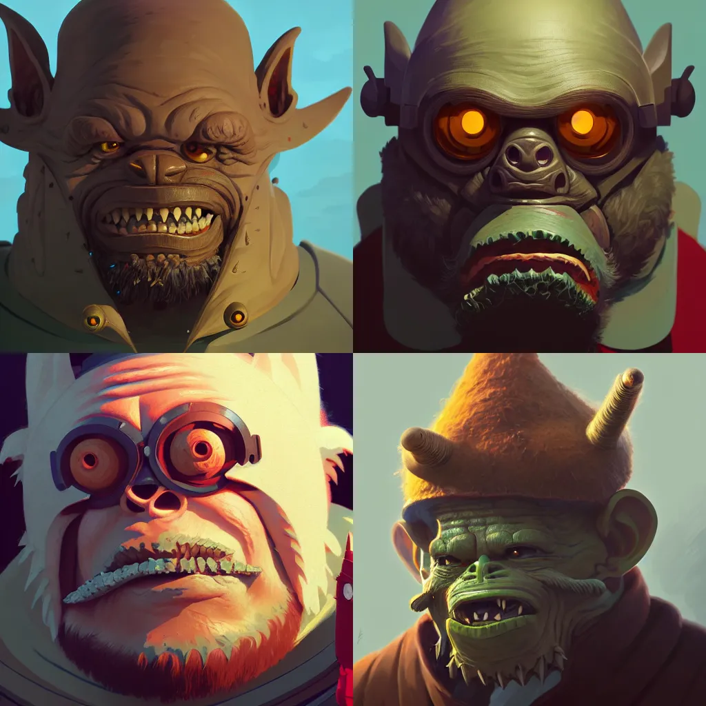 Prompt: portrait of an ork, artstation, elegant, highly detailed, digital painting, concept art, smooth, sharp focus, illustration, art by studio ghibli, fujita goro, atey ghailan, tom whalen, jean giraud 8 k