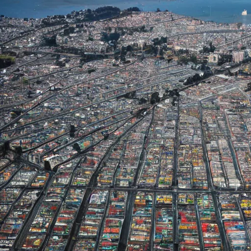 Prompt: color photo from drone over Mission Bay, San Francisco, in 2035, looking North at the golden hour, and the bay between San Francisco and Oakland is now filled in with a bustling favela, shanty houses of every different color, recycled materials, electric lines running everywhere, lights coming on in most of the houses, hyperdetailed, ap photo