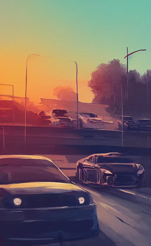 Image similar to a beautiful illustration of a car parket near a highway at sunset, art of alena aenami, featured on artstation, vertical orientation, paint brush strokes, expressionism, brushstroke - laden