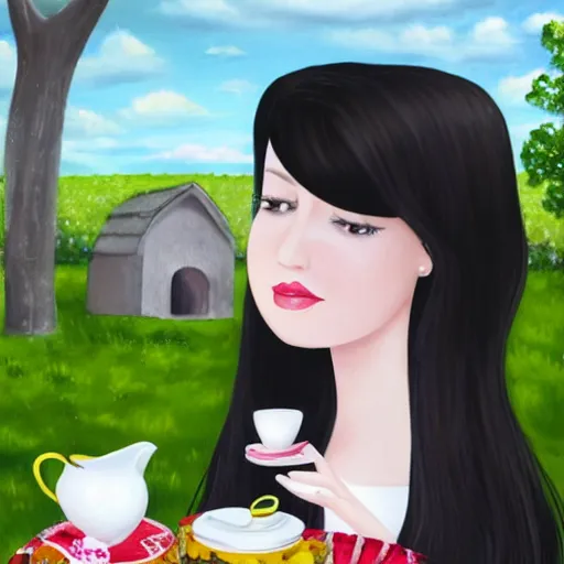 Prompt: A pale skin, long black hair, grey eyes girl wearing a black dress, having a tea party in a garden, 4k, digital art, trend in art station