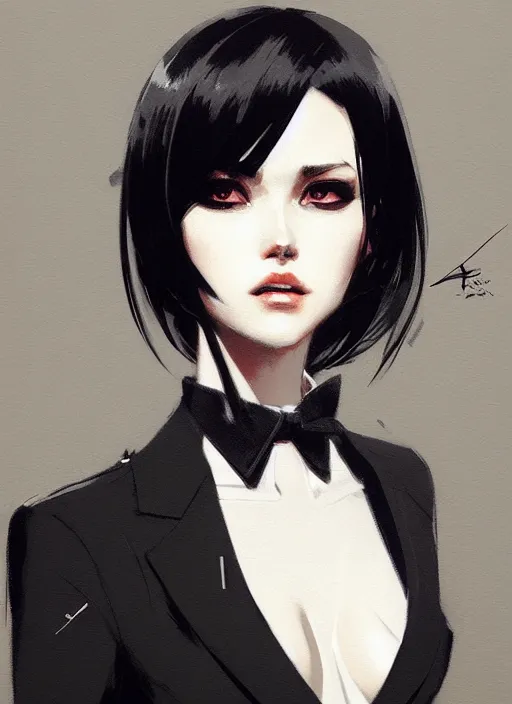 Prompt: ultradetailed beautiful panting of a stylish woman wearing a shirt with a tie, she has black hair, distressed, by ashley wood, ilya kuvshinov, greg rutkowski on artstation