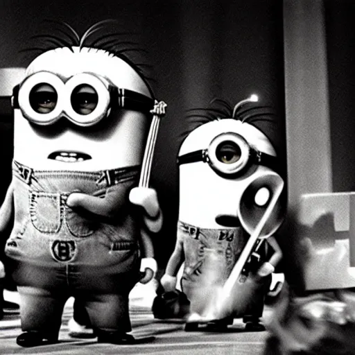 Prompt: Minions playing in a jazz band, 80s photography