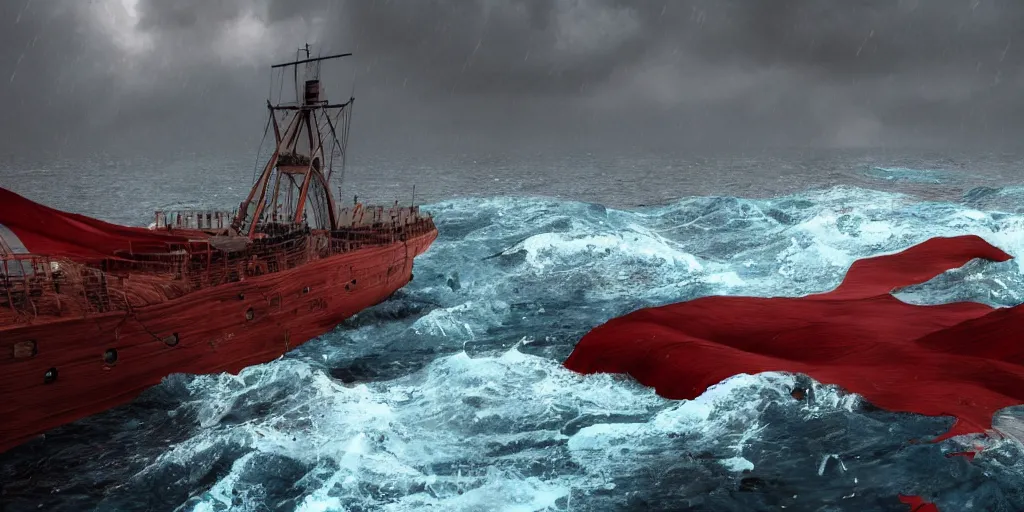 Image similar to a wooden big ship in the middle of the sea during a storm, turbulent sea, high coherence, highly detailed, high quality, 8 k, dramatic lighting, cinematic, epic scene, path traced, hyperrealistic, concept art, octane render, unreal engine 5, trending on artstation, a red cross in the ship flag, high contrast