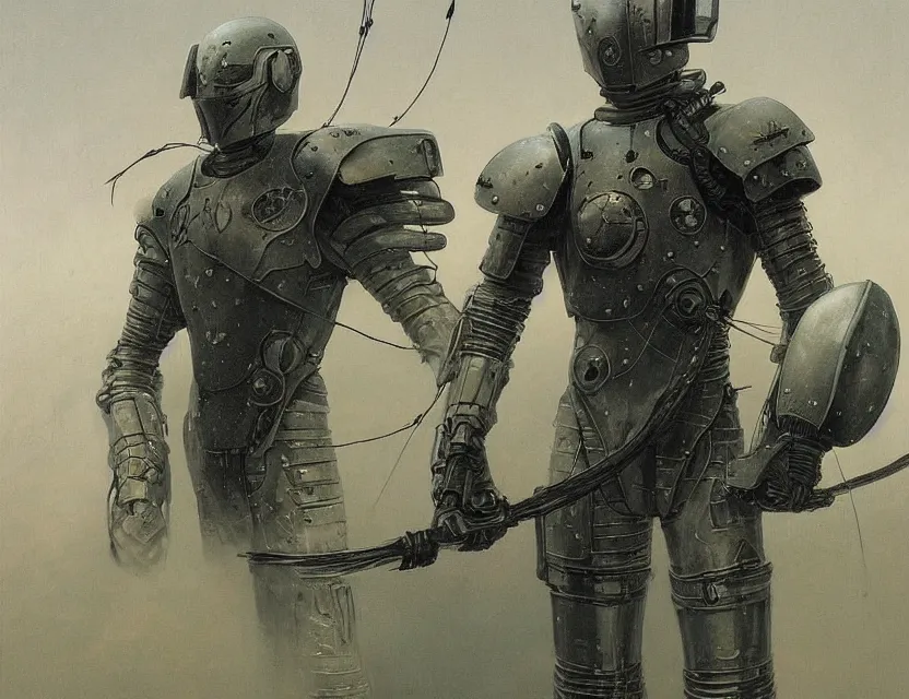 Prompt: a detailed portrait painting of a lone bounty hunter in combat armour and visor. cinematic sci-fi poster. Flight suit and wires, accurate anatomy. Samurai influence, knight influence. fencing armour. portrait symmetrical and science fiction theme with lightning, aurora lighting. clouds and stars. Futurism by moebius beksinski carl spitzweg moebius and tuomas korpi. baroque elements. baroque element. intricate artwork by caravaggio. Oil painting. Trending on artstation. 8k