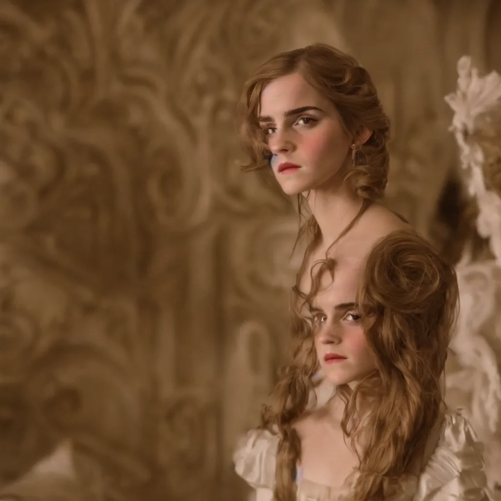 Image similar to closeup centre frame Emma Watson long hair flowing robes baroque room cinematic lighting stanley kubrick barry lyndon 4k canon 5d mk4