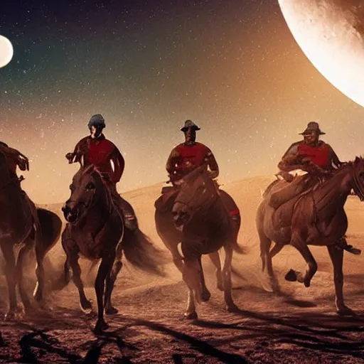 Image similar to aliens riding horses on the moon in the style of Fredrick Remington matte