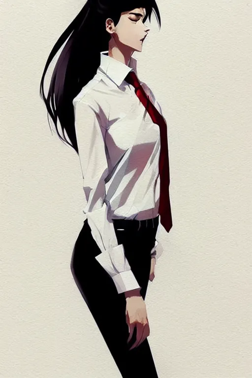 Image similar to a ultradetailed full body portrait of a woman dressed in a white shirt with a tie, by conrad roset, greg rutkowski and makoto shinkai trending on artstation