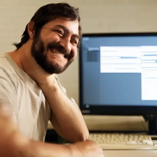 Prompt: a programmer finally fixed a bug in his code after trying for a long time, looking relieved and happy