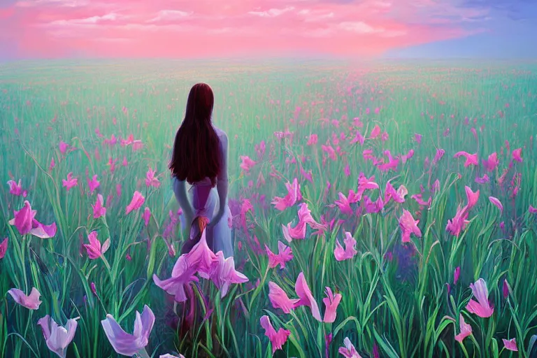 Image similar to giant gladiola head, girl walking in field of flowers, surreal photography, sunrise, blue sky, dramatic light, impressionist painting, digital painting, artstation, simon stalenhag