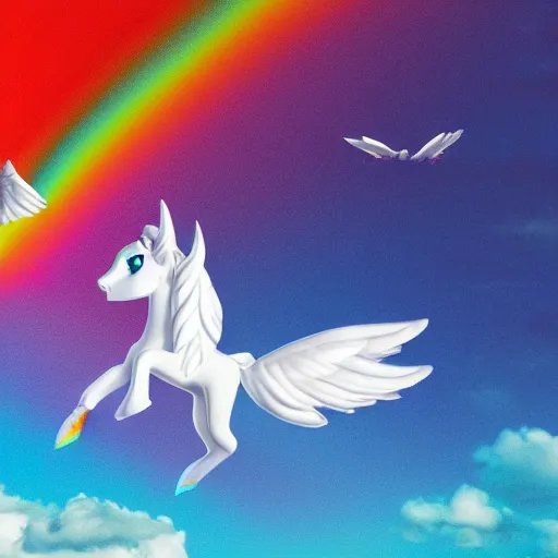 Prompt: Photograph of a Alicorn flying in the sky, blue eyes, white body, rainbow wings, rainbow horn, trending on artstation, ultrarealistic, 8k