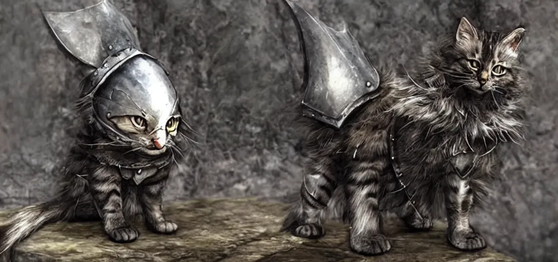 Prompt: cute cats wearing dark souls style armor