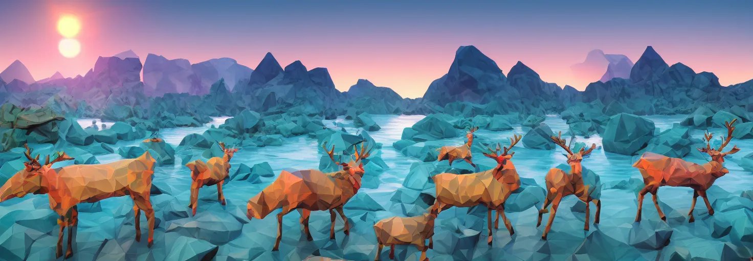 Prompt: super detailed color lowpoly art, northern sunset with rocks on front, lake in the middle of perspective and mountains at background, graphic reindeers in random points, unreal engine, retrowave color palette, 3d render, lowpoly, colorful, digital art