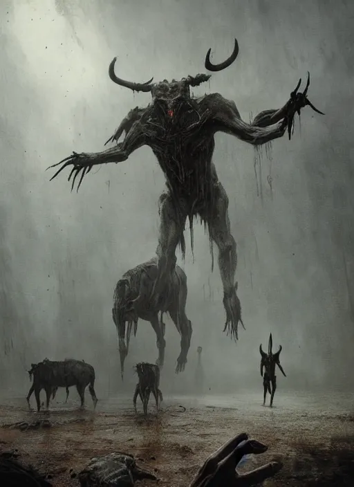 Image similar to a creepy atmospheric painting of a slender humanoid minotaur creature emerging from the mist. painting by greg rutkowski and hr giger.