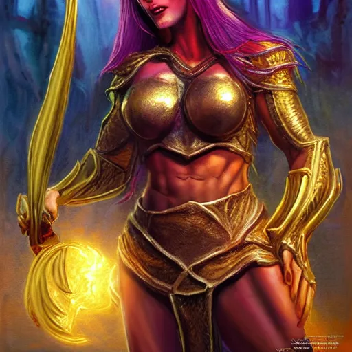 Image similar to bright, colorful, realistic, detailed from Elder Scrolls: shivering isles concept art golden saint a warrior woman with skin and hair made of bright and shiny gold backlighting, kodachrome, high contrast, highly detailed, sharp focus, digital painting, concept art, illustration, trending on artstation, comic book by Alex Ross and Adam Adamowicz cover art