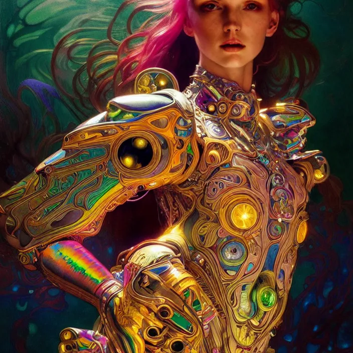 Image similar to bright psychedelic animal cyborg in ancient, diffuse lighting, fantasy, intricate, elegant, highly detailed, lifelike, photorealistic, digital painting, artstation, illustration, concept art, smooth, sharp focus, art by John Collier and Albert Aublet and Krenz Cushart and Artem Demura and Alphonse Mucha