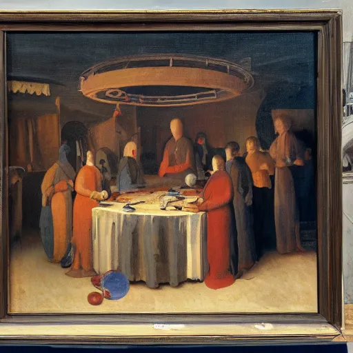 Image similar to A beautiful painting of a group of people standing around a circular table. In the center of the table is a large, open book. The people in the painting are looking at the book with interest and appear to be discussing its contents. oil and canvas, cyberpunk, avant garde by Jean Fouquet 8k