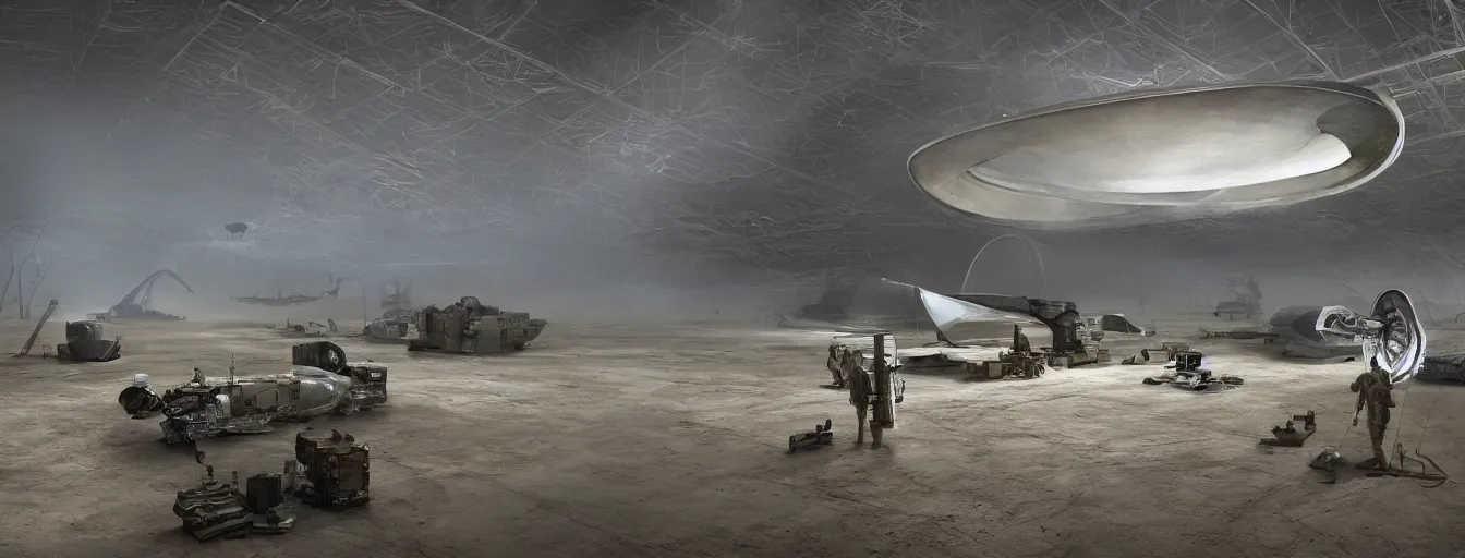Prompt: engineer repairs special flying saucer full of modern military equipment, in the hall of area 55, high detail, ground fog, wet reflective ground, saturated colors, by Darek Zabrocki, render Unreal Engine-H 704