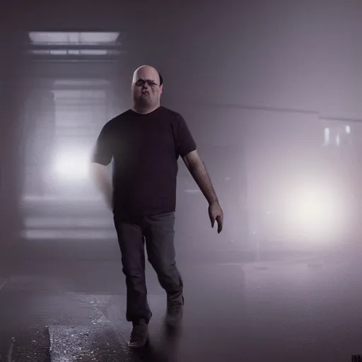 Image similar to hyperrealistic mixed media image of jason alexander skulking through a dark neighborhood with a flashlight, stunning 3 d render inspired art by istvan sandorfi and greg rutkowski, perfect facial symmetry, realistic, highly detailed attributes and atmosphere, dim volumetric cinematic lighting, 8 k octane extremely hyper - detailed render, post - processing, masterpiece,