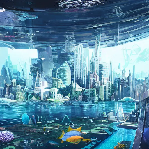 Image similar to an expansive futuristic cityscape underwater