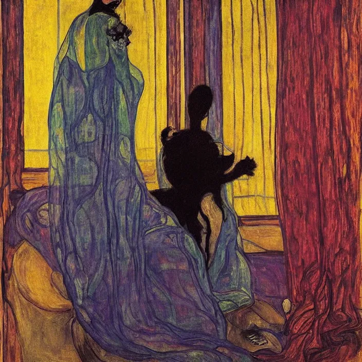 Image similar to close portrait of woman in transparent vaporous night gown with cat, with city with gothic cathedral seen from a window frame with curtains. autumn light, vivid iridescent psychedelic colors. munch, egon schiele, henri de toulouse - lautrec, utamaro, monet, agnes pelton, lucas cranach