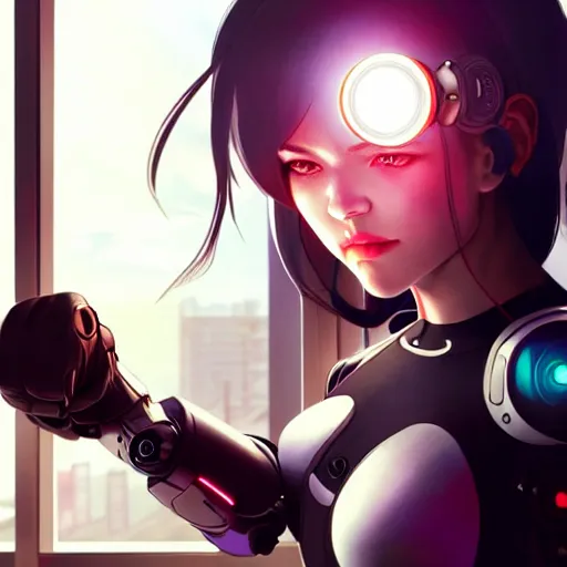 Image similar to beautiful cyborg girl punching through a large reflective window, window reflections, reflective, mirror reflection, refractions on lens, full round face, biomechanical details, cyberpunk anime art, full body shot, lens flare, wlop, ilya kuvshinov, artgerm, krenz cushart, greg rutkowski