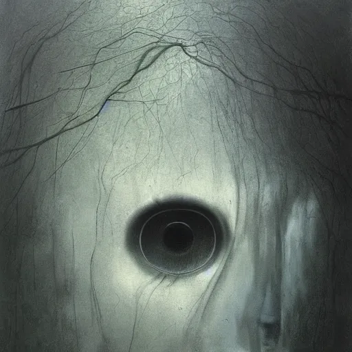 Image similar to her eyes wide by zdzislaw beksinski, oil on canvas