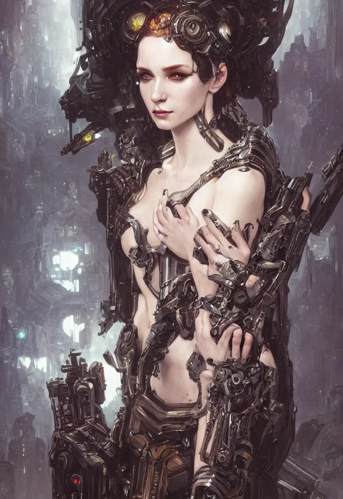 Image similar to portrait of beautiful pale gothic cyborg maiden, warhammer 40000, cyberpunk, intricate, elegant, highly detailed, digital painting, artstation, concept art, smooth, sharp focus, illustration, art by artgerm and greg rutkowski and alphonse mucha and Gustav Klimt