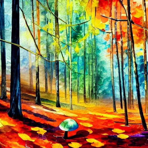 Image similar to A watercolor painting by Afremov of a psychedelic orange and blue mushroom growing on the ground in the middle of a forest.