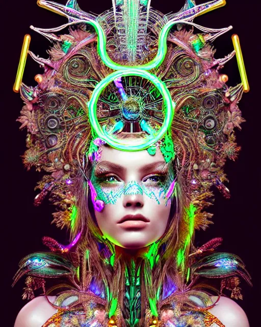 Prompt: hyperrealistic detailed portrait of a beautiful goddess in a cyber headdress, intricate cyberpunk neon make - up, art by ernst haeckel, nekro borja, alphonso mucha, h. r. giger, ornamental gothic - cyberpunk,