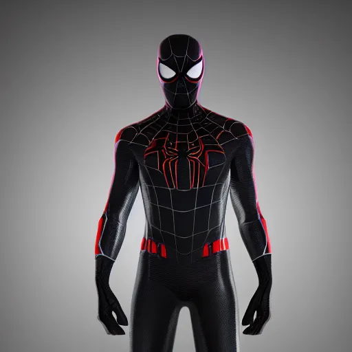 Image similar to black spider - man suit with white web lining, cinematic, volumetric lighting, realistic, hyperdetailed, photorealistic, photograph