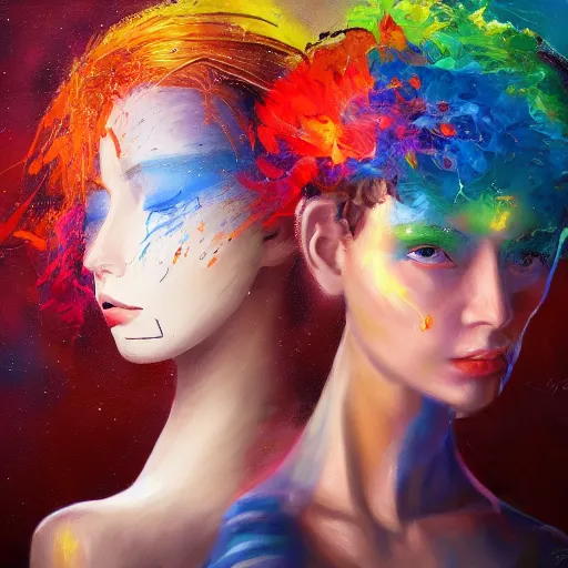 Image similar to two Artificial Intelligence fighting for creating the most impressive art painting on a canvas, colourful, brushes, oil painting, digital art, trending on artstation