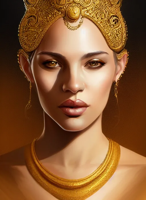 Image similar to portrait of female, gold, intricate, elegant, highly detailed, digital painting, artstation, concept art, smooth, sharp focus, illustration