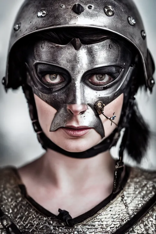 Prompt: beautiful portrait shot of a battle scared woman based in medieval france, chrome helmet, detailed features, piercing detailed realistic eyes, nikon z 9, 5 0 mm, uhd