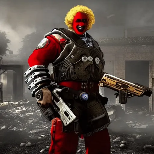 Image similar to ronald mcdonald clown in gears of war, cinematic shot, hyperdetailed